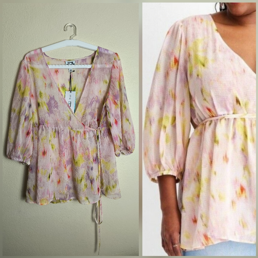 Future Collective L Pastel Floral Wrap Babydoll Top 3/4 Sleeve White/Pink